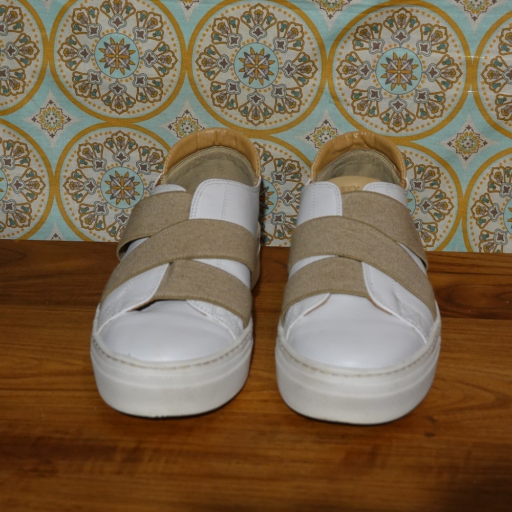 THE FLEXX White Leather Sneakers with Tan Elastic Crossing Bands, size 38 - Picture 2 of 8
